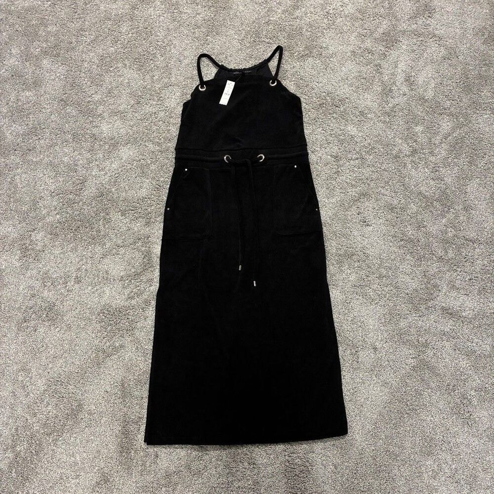 White House Black Market Terry Midi Dress M Black Grommet Drawstring NWT Y2K